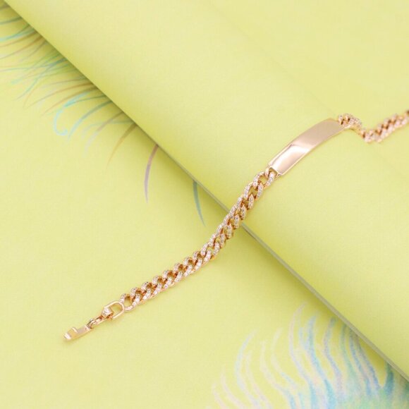 "Rose Gold Polished ID Bracelet with Pave Cuban Chain Design, XPBL0943 - Picture 10 of 11